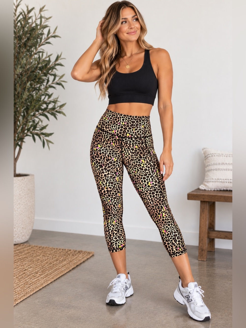 Betsey Johnson Leopard Capri Leggings with Pink Flowers